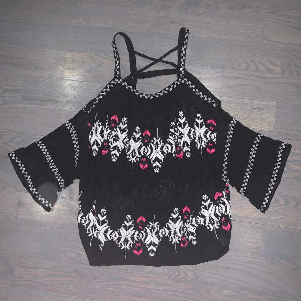 Black pink white Free People cold shoulder blouse